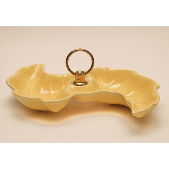 Vintage Yellow Double Leaf Relish Snack Dish/Bowl, Brass Handle, Ceramic, MCM - Picture 2 of 4